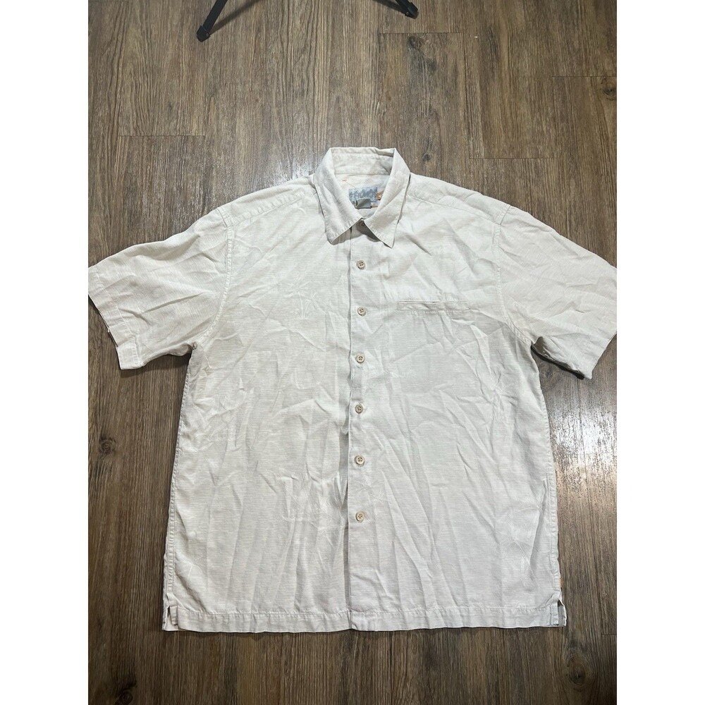 Quiksilver Shirt Mens Size Medium Beige Silk Button Up Vacation Beach NEW